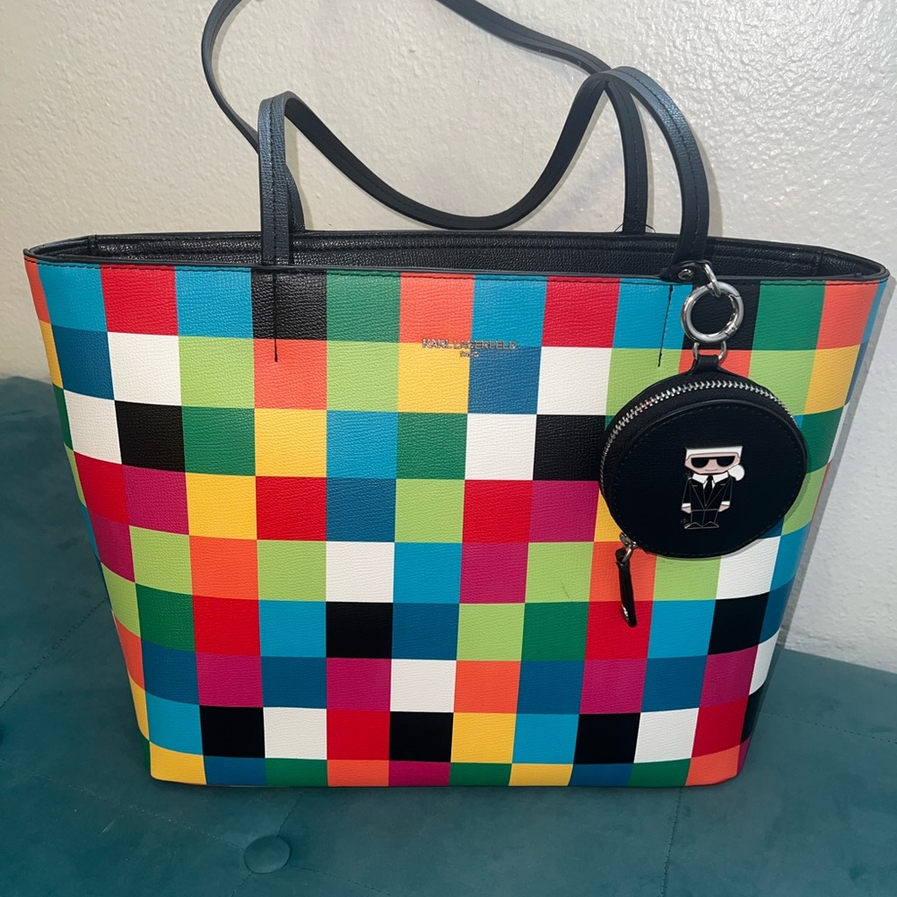 Karl Lagerfeld Colorful Checkered Tote with Black Accents